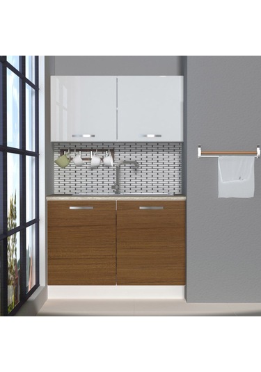 Decoraktiv Mini 120 Mdf Hazır Mutfak Dolabı - Tezgah Dahil - Ceviz Beyaz Beyaz - Ceviz