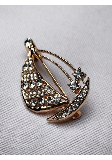 Taş Süslemeli Yelkenli Figürlü Broş Gold Detaylı Deniz Temalı Aksesuar Gold