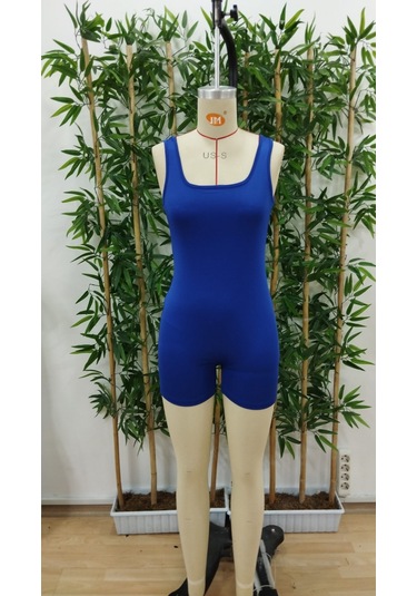 Modasize Kadın Kare Yaka Sırt Dekolte Detay Dalgıç Bodycon Mini Tulum Saks Mavi