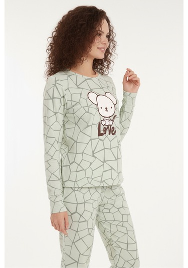 Luxury Thermal Love Desenli Kadın Polar Kışlık Pijama Takımı 42013 Turkuaz