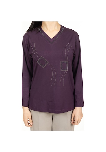 Kadın Orta Yaş Ve Üzeri Yeni Model V Yaka Taş İşlemeli Anne Penye Bluz 30560-mürdüm