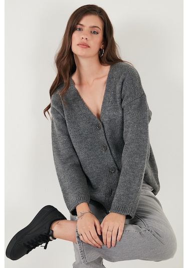 Lela Regular Fit V Yaka Düğmeli Triko Bayan Hırka 4616229 Antrasit
