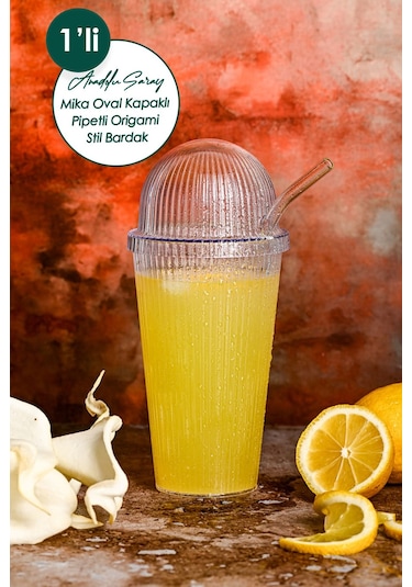 1 Adet Mika (Cam Değildir) Oval Kapaklı Pipetli Origami Stil Bardak Soğuk Kahve Meşrubat Bardağı