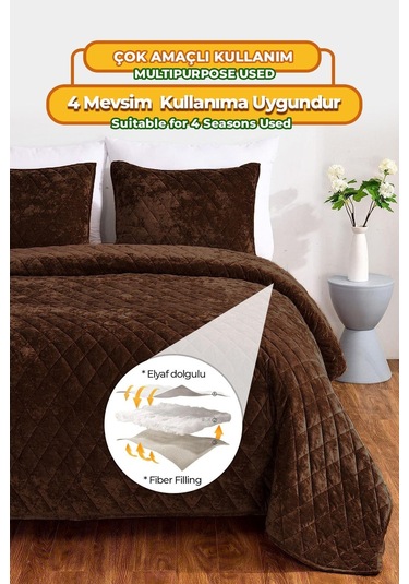 Evlen Home Kapitone Kadife Yatak Örtüsü Seti Tek Kişilik Supersoft 2 Parça Yumuşak Elyaf Dolgulu Koyu Kahve Koyu Kahverengi
