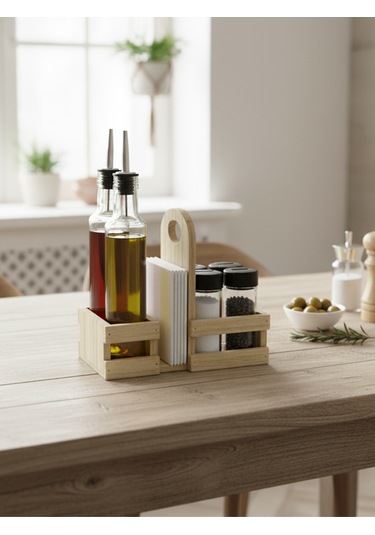 Ahşap Doğal Baharatlık Yağdanlık Ve Peçetelik Takımı Uzun Başlık Set Kavak-ıhlamur 1 Set Ahşap