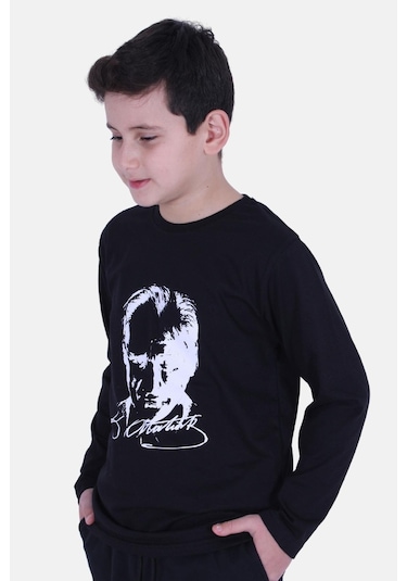 Ay Yıldız Uzun Kol Baskılı Atatürk Imzalı Unisex Çocuk T-shırt Siyah