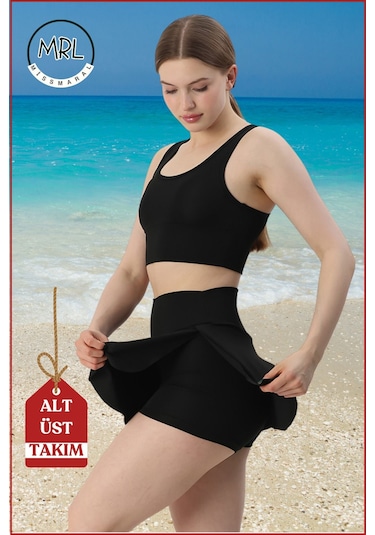 Kadın Siyah Etekli Şortlu Mayo Takım Göğüs Pedli Yüksek Bel Toparlayıcı Büyük Beden Uyumlu Tk3107 Siyah