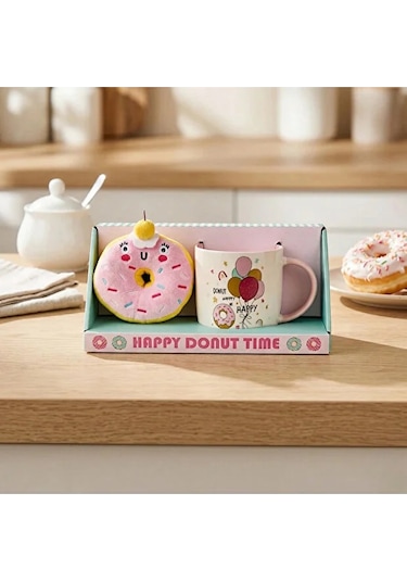 Donut Peluş Anahtarlıklı Kupa 360 Ml Pembe1