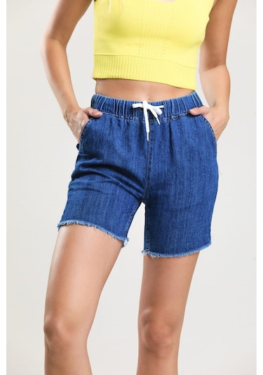 Pass&Pass 2080 Kadın Püsküllü Paça Jeans Denim Kot Şort Koyu Mavi