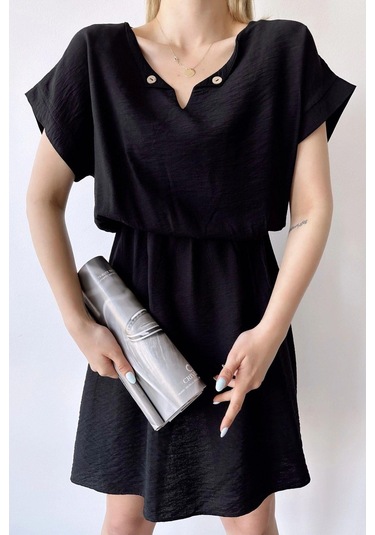 Kadın Siyah Kısa Kol, Kalp Yaka, Dokulu Desen, Bele Oturan, Aerobin Lastikli Bel Midi Elbise Siyah