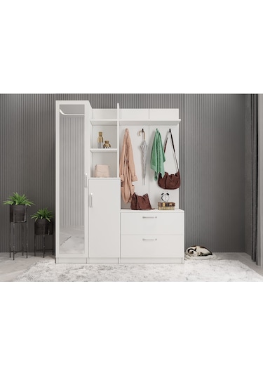 Çizgi Portmanto Vestiyer Ayakkabılık Beyaz 160 cm -Ücretsiz Kurul