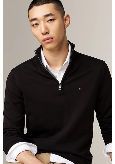 Erkek Çeyrek Fermuarlı Balıkçı Yaka Kazak - Siyah Black