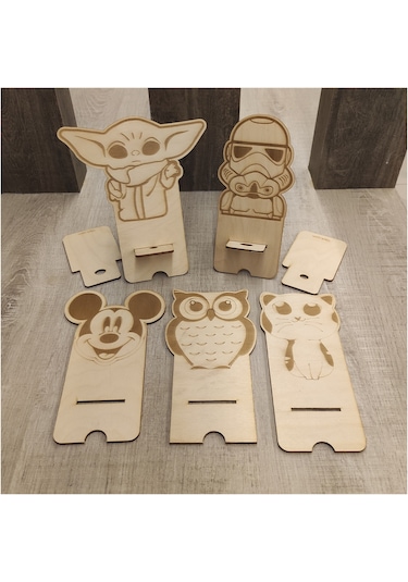 1 Fark - Ahşap Masaüstü Figürlü Telefon Standı -  Baykuş - Beyaz