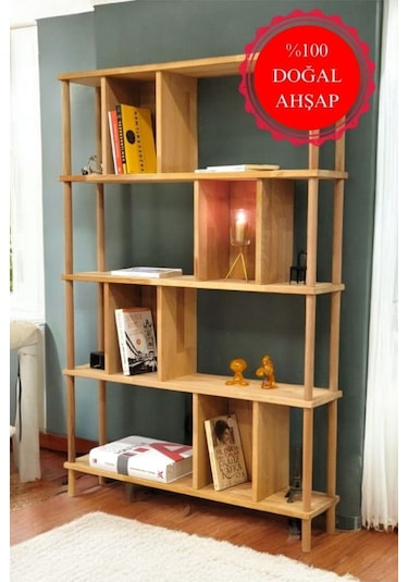 Lüx Naturel Ahşap 5 Raflı Modern Dekoratif Kitaplık Mutfak Rafı Kiler Çok Amaçlı Düzenleyici Raf Ahşap