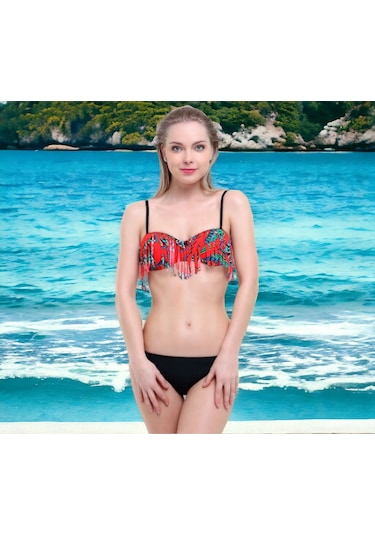 Shopiolog Desenli Püsküllü Straplez Bikini