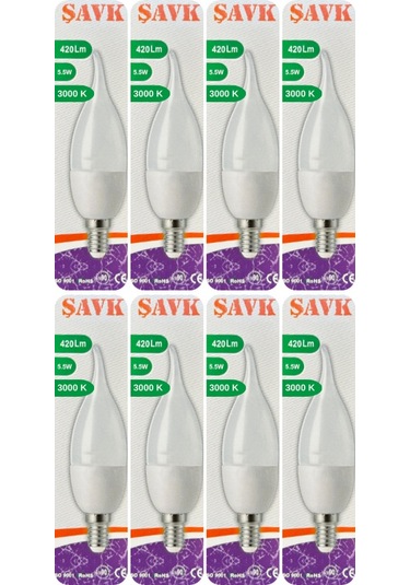 8 Adet Şavk 5,5w 37w Sarı Işık 3000k E14 Duylu İnce Duy Led Kıvrık Ampul