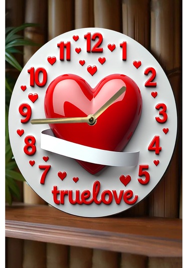 True Love Kalpli Mdf Duvar Saati 33 Cm, 3d Görünümlü, Sessiz Mekanizma, Romantik Tasarım Sdw244 Renkli