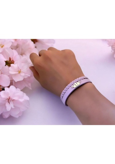 Archin İpek İsmine Özel Taç Figürlü 14 Ayar Altın Plakalı Doğal Mor Derili Hediye Bileklik-637isim İpek