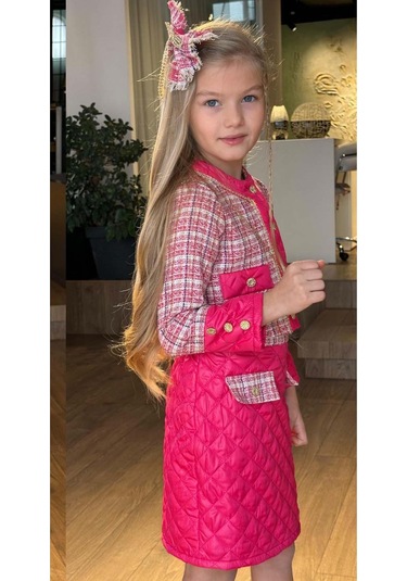 Riccotarz Kız Çocuk Kapitone Ve Altın Şerit Detaylı Şanel Fuşya Etekli Takım Fuşya