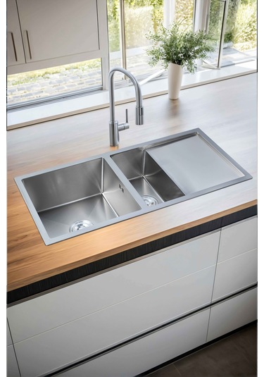 Naz Serisi %100 Krom 95x45 İki Göz Paslanmaz Mutfak Eviyesi, Mutfak Lavabosu Sifon Dahil Silver