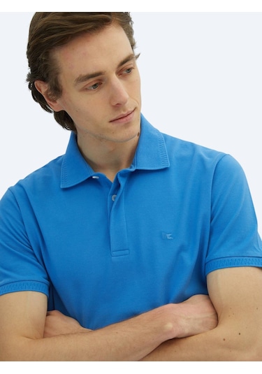 Saks Düz Polo Yaka %100 Pamuk T-shirt Saks