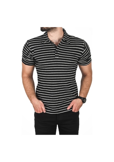 Deepsea Erkek Siyah Slim Fit Nefes Alan Pamuklu Polo Yaka Tişört Dar Kesim Örme Kumaş Tişört 2501207 Siyah