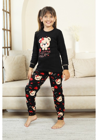 Kız Çocuk Ayıcık Baskılı %100 Pamuk İnterlok Kumaş Pijama Takımı 12347 Siyah