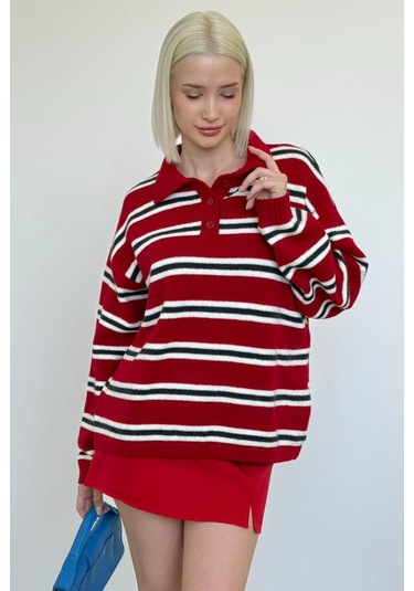 Kırmızı Polo Yaka Çizgili Kadın Triko Kazak Mg2469 Kırmızı