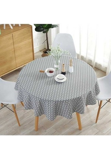 Fastbuy Pamuklu Yuvarlak Masa Örtüsü, Toz Geçirmez, 120cm, Gri Ok, Keten Baskı Gri