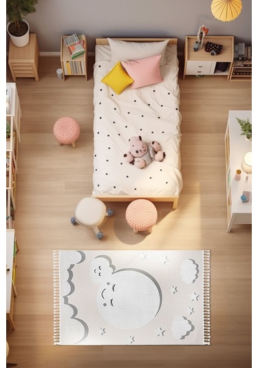 Sparkle Krem Gri Anne Çocuk Bulut Figürlü Çocuk Odası Halısı 133x Gri