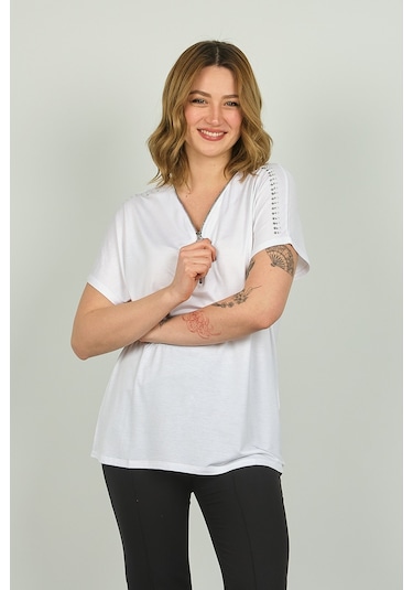Ella Camelia Kadın Fermuarlı Kısa Kol Bluz 20e038 Beyaz