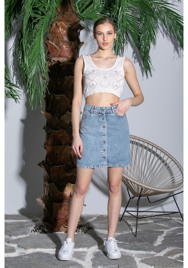 Önü Düğmeli Mavi Kot Etek