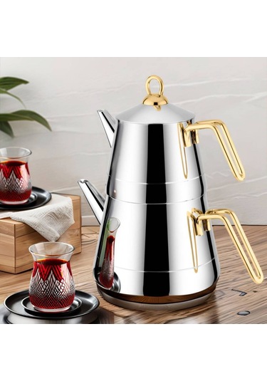 Lines 3058 Piramit Metal Kulplu Paslanmaz Ortaboy Çelik Çaydanlık