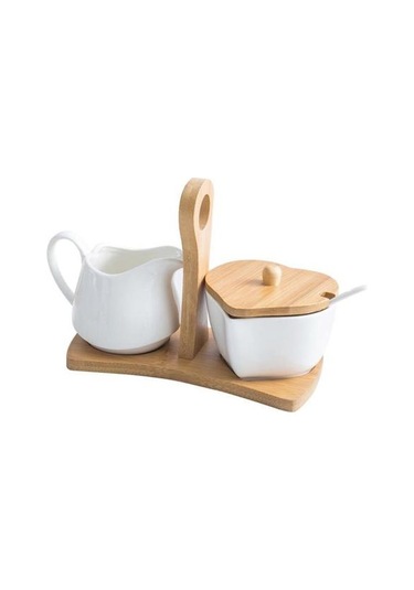 Seramik Şeker Kasesi Ve Krem Sürahisi Bambu Tepsisi Ve Kaşıkla Set Ev Otel Şeker Ve Krema Seti Şeker Ve Amp Krema Tencere 4 Izgara