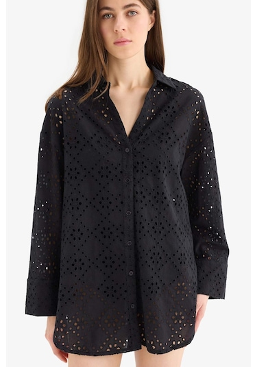 Defacto Regular Fit Pamuklu Brode Plaj Gömleği-fall İn Love C0506ax25smbk27 Siyah