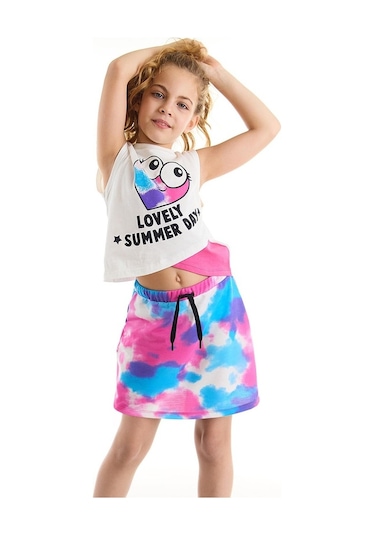 Denokids Mushi Kalp Batik Kız T-Shirt Etek Takım Çok Renkli