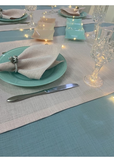 Keten Görünümlü Begonvil Masa Örtüsü Maldiv 6 Kişilik Takım