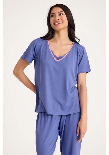 Dream Gri Mavi Viskon V Yaka Dantel Detaylı Pijama Takımı Mavi