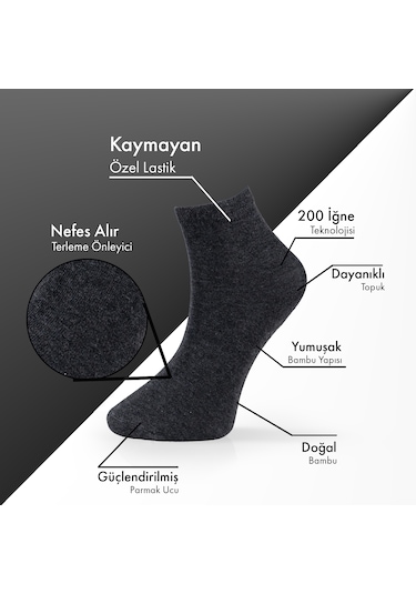 Saf Bambu Erkek Yarım Konç Düz Antrasit Çorap Dikişsiz Premium Kutulu 6'lı L5952aznp Softaura