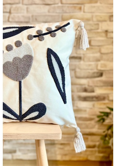 Swita Home Punch İşlemeli Tekli Dekoratif Özel Tasarım Kırlent Kılıfı Panç Beyaz - Lacivert