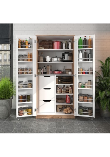 165 Derece Açılabilir 2 Kapaklı, 3 Çekmeceli, Kavanoz Raflı Kiler Ve Erzak Mutfak Dolabı Atlantik Çam Beyaz