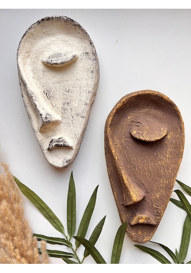Özel Tasarım El Yapımı Heykel Soyut Yarım Yüz Maske 2'li Set, Duvar Dekor, Modern Ev Ve Ofis Dekoru