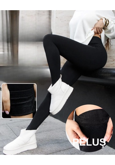 Kadın Yüksek Bel Şardonlu İç Astar Termal Tayt Esnek Fit Kışlık İçlik Spor Tayt siyah