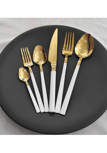 6 Parça Tek Kişilik Stayle Beyaz Titanyum Gold Çatal  Kaşık Bıçak Set Gold
