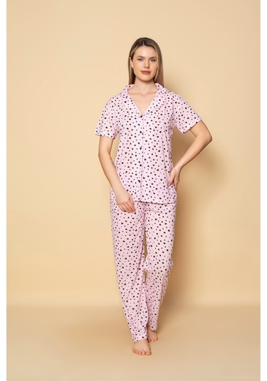 Kadın Gömlek Desenli Kısa Kol Pijama Akımı Pembe