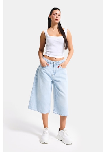 Itsbasic Kadın Ice 4s6-3 Süper Baggy Fit Maxi Boy Bermuda Denim Şort Ice Rengi