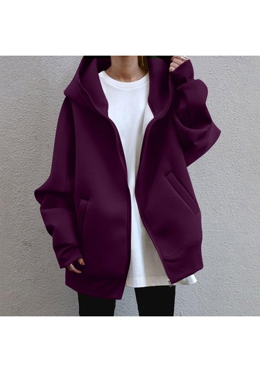 Kadın Günlük Gevşek Uzun Kollu Fermuar Kapşonlu Uzun Yastıklı Kazak Ceket Koyu Mor