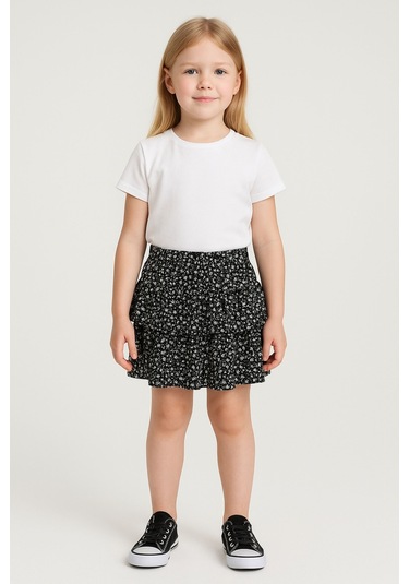 Kız Çocuk Siyah Çiçek Desenli Kat Kat Fırfırlı Mini Etek, Kız Çocuk Etek Siyah
