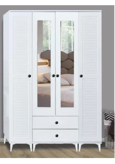 4 Kapılı Aynalı Uras Panjurlu Beyaz Dolap