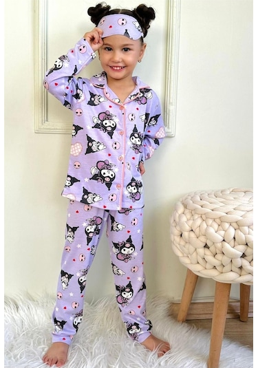 Kız Çocuk Mor / Lila Renk Sevimli Kedi Desenli Uzun Kollu Pijama Takımı Göz - Uyku Bandı Dahil Lila Mor Lila - Mor